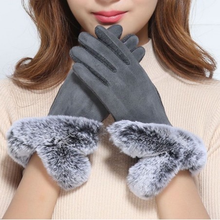 Rękawiczki glam futro sztuczne materiałowe dotykowe szarość REK124