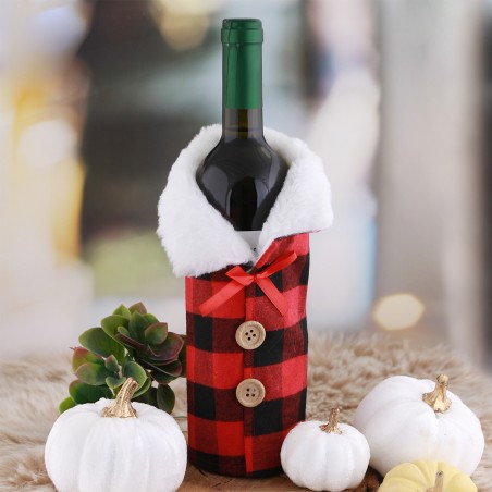 Pokrowiec na butelkę, wino Boże Narodzenie czerwono - czarna krata KSN12