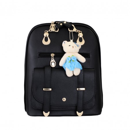 Leather backpack with a teddy bear - black PL29CZ