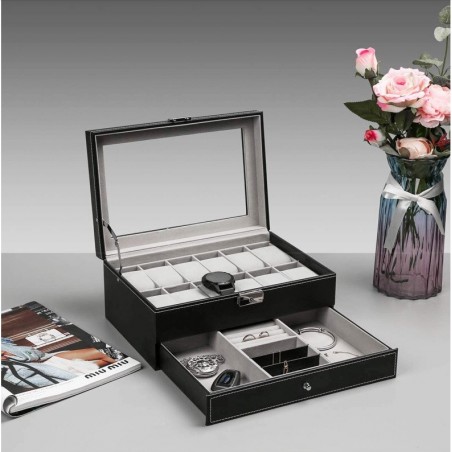 Szkatułka pudełko na 12 zegarków oraz szufladka na biżuterię PD138