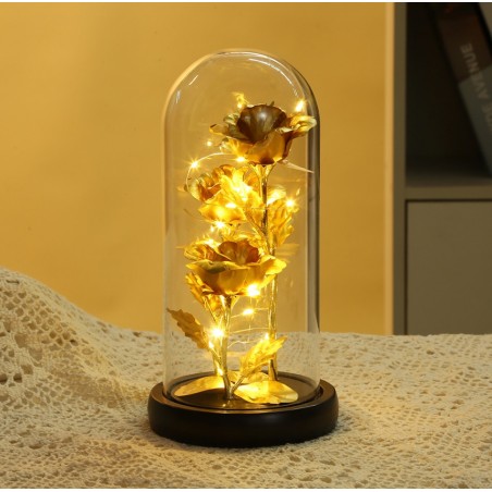 Kryształowa wieczna róża potrójna pod szklaną kopułą LED ROZ07