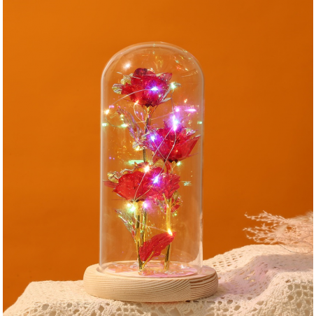 Kryształowa wieczna róża potrójna pod szklaną kopułą LED ROZ09