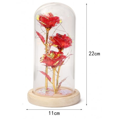 Kryształowa wieczna róża potrójna pod szklaną kopułą LED ROZ09