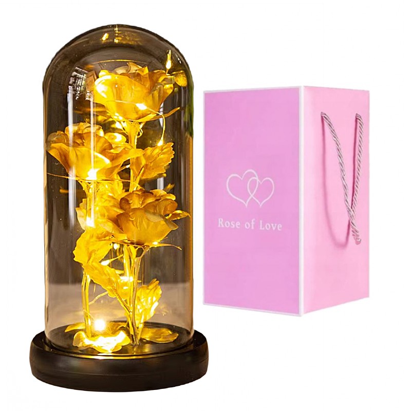 Kryształowa wieczna róża potrójna pod szklaną kopułą LED ROZ07