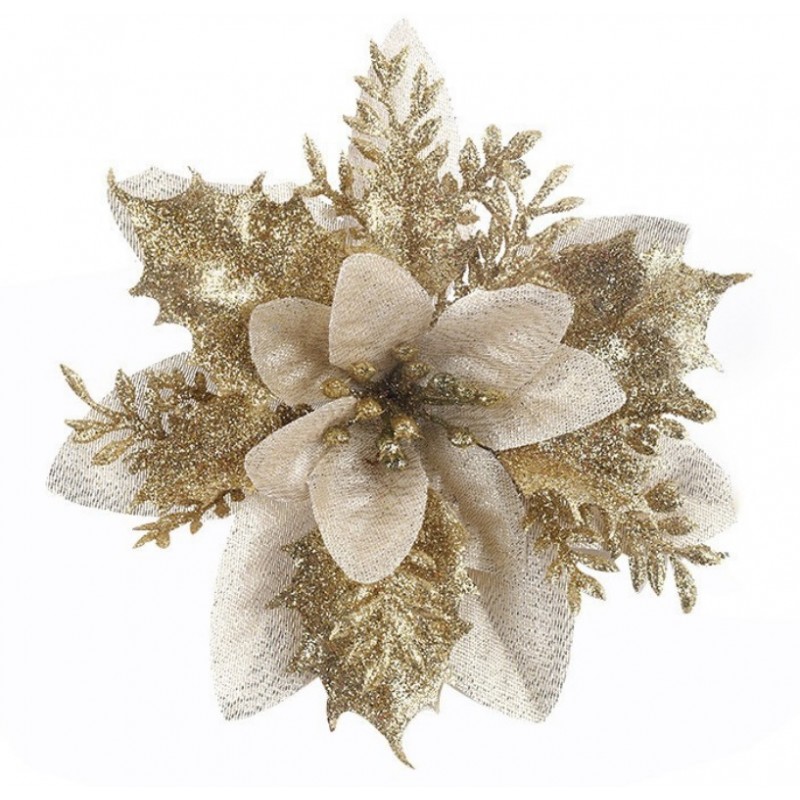Kwiat na choinkę 14 cm BOŻE NARODZENIE złoty brokat WOZ04