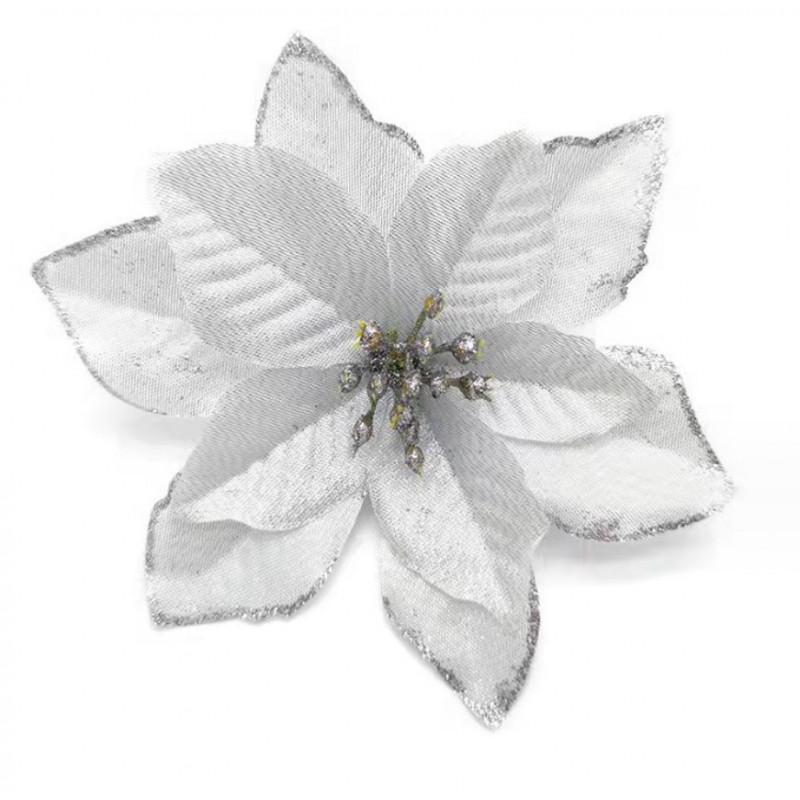 Kwiat na choinkę 13 cm BOŻE NARODZENIE biały brokat WOZ05