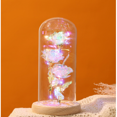 Kryształowa wieczna róża potrójna pod szklaną kopułą LED ROZ06